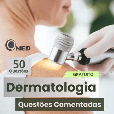 Capa de ebook gratuito de dermatologia com questões comentadas para residência médica e prova de títulos, do Questões MED.