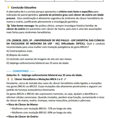 Amostra de página do e-book de Mastologia com questões comentadas para residência médica, exibindo enunciado, alternativas e comentário detalhado do Questões MED.