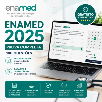 Banner promocional quadrado do ENAMED 2025 com design moderno em tons de verde e branco. À esquerda, aparece a logo oficial do ENAMED acima do texto “ENAMED 2025 — Prova Completa — 100 Questões”. Abaixo, há informações destacando que a prova pode ser resolvida online em ambiente interativo, com gabarito e comentários em questões selecionadas. À direita, um notebook exibe uma interface de quiz médico com alternativas de múltipla escolha, painel de navegação das questões e botão para visualizar comentário. No canto superior direito há um selo circular verde escrito “Gratuito e Interativo!”. Na parte inferior, ícones ilustram recursos como acesso online, gabarito integrado, comentários e revisão para preparação médica.