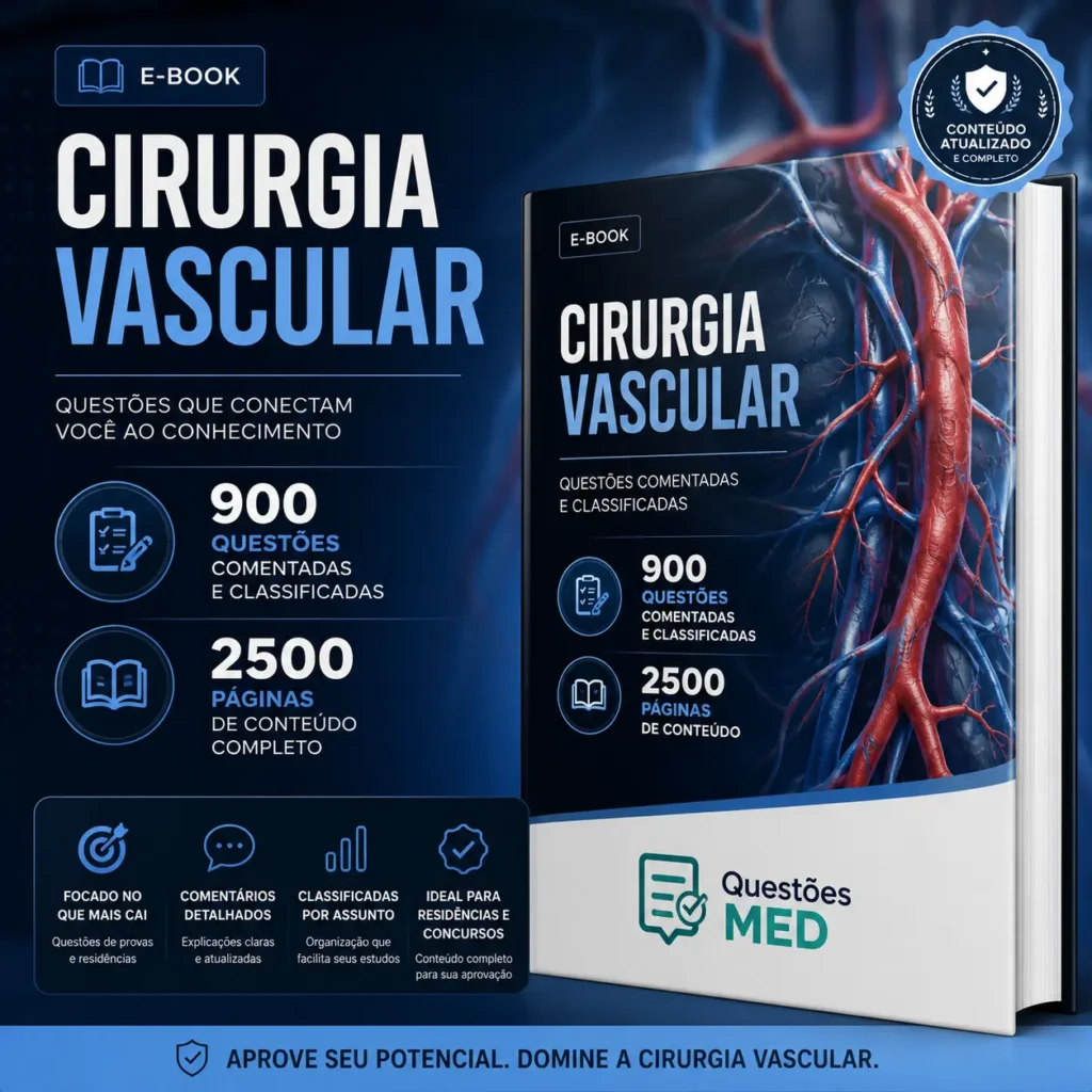 Capa de e-book sobre Cirurgia Vascular com design moderno em tons escuros de azul e detalhes em vermelho representando vasos sanguíneos e artérias. À esquerda, aparece o título “Cirurgia Vascular” em letras grandes, acompanhado de informações destacando “900 questões comentadas e classificadas” e “2500 páginas de conteúdo completo”. Ícones ilustram recursos como comentários detalhados, classificação por assunto e foco em provas de residência médica. À direita, há uma ilustração anatômica detalhada do sistema vascular humano. Na parte inferior da página, está posicionada a logomarca da QMED (Questões MED) com o slogan “Questões que conectam você ao conhecimento”.