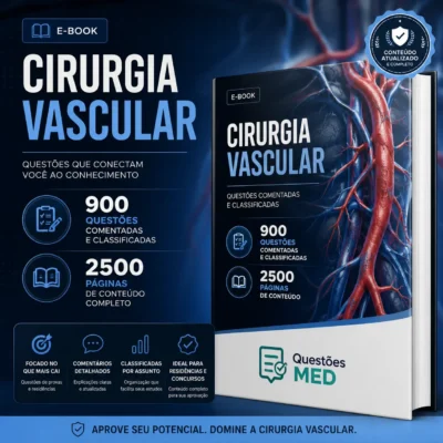 Capa de e-book sobre Cirurgia Vascular com design moderno em tons escuros de azul e detalhes em vermelho representando vasos sanguíneos e artérias. À esquerda, aparece o título “Cirurgia Vascular” em letras grandes, acompanhado de informações destacando “900 questões comentadas e classificadas” e “2500 páginas de conteúdo completo”. Ícones ilustram recursos como comentários detalhados, classificação por assunto e foco em provas de residência médica. À direita, há uma ilustração anatômica detalhada do sistema vascular humano. Na parte inferior da página, está posicionada a logomarca da QMED (Questões MED) com o slogan “Questões que conectam você ao conhecimento”.