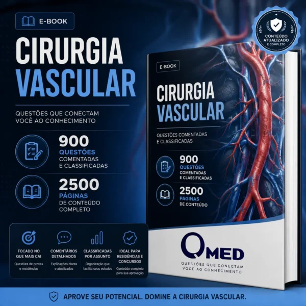 Capa de e-book sobre Cirurgia Vascular com design moderno em tons escuros de azul e detalhes em vermelho representando vasos sanguíneos e artérias. À esquerda, aparece o título “Cirurgia Vascular” em letras grandes, acompanhado de informações destacando “900 questões comentadas e classificadas” e “2500 páginas de conteúdo completo”. Ícones ilustram recursos como comentários detalhados, classificação por assunto e foco em provas de residência médica. À direita, há uma ilustração anatômica detalhada do sistema vascular humano. Na parte inferior da página, está posicionada a logomarca da QMED (Questões MED) com o slogan “Questões que conectam você ao conhecimento”.