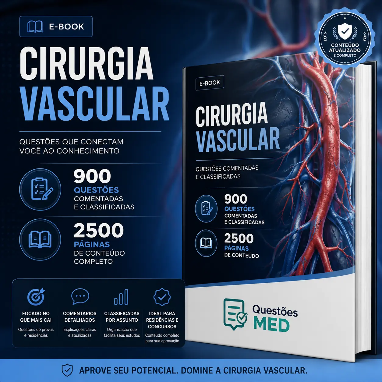 Capa de e-book sobre Cirurgia Vascular com design moderno em tons escuros de azul e detalhes em vermelho representando vasos sanguíneos e artérias. À esquerda, aparece o título “Cirurgia Vascular” em letras grandes, acompanhado de informações destacando “900 questões comentadas e classificadas” e “2500 páginas de conteúdo completo”. Ícones ilustram recursos como comentários detalhados, classificação por assunto e foco em provas de residência médica. À direita, há uma ilustração anatômica detalhada do sistema vascular humano. Na parte inferior da página, está posicionada a logomarca da QMED (Questões MED) com o slogan “Questões que conectam você ao conhecimento”.